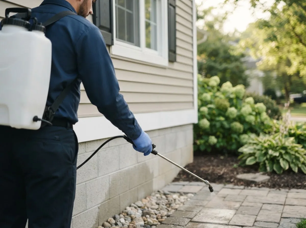 Pest control technician inspecting a home in Cynthiana, OH